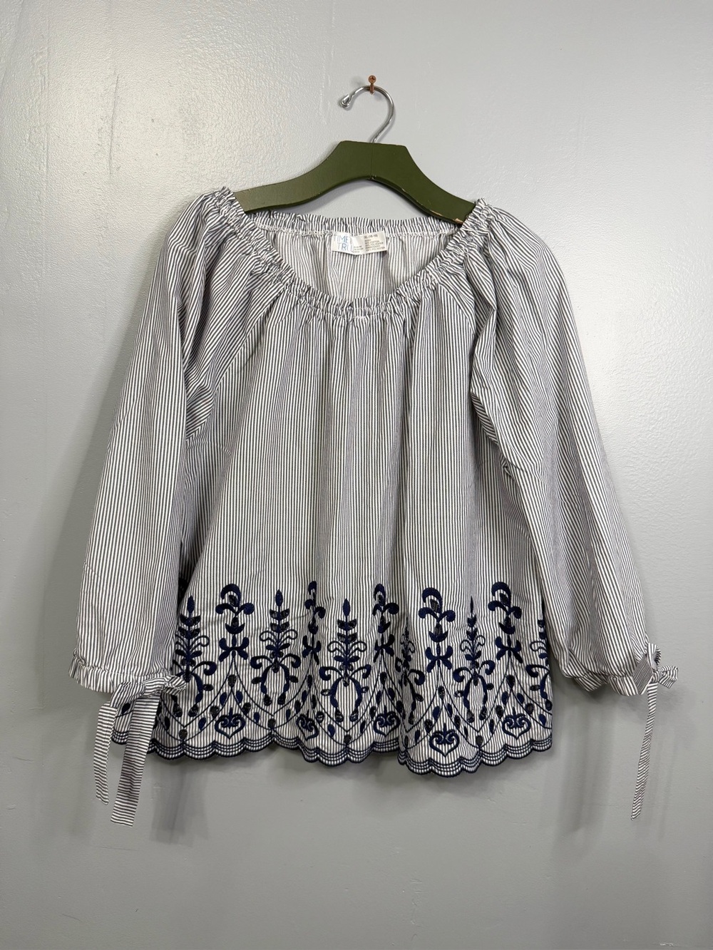 #17) Time and Tru White and Navy Striped Embroidered Peasant Blouse